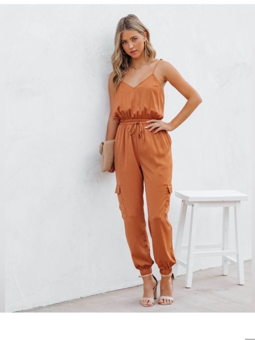 Women’s Rust Cargo Jumpsuit with Spaghetti Straps